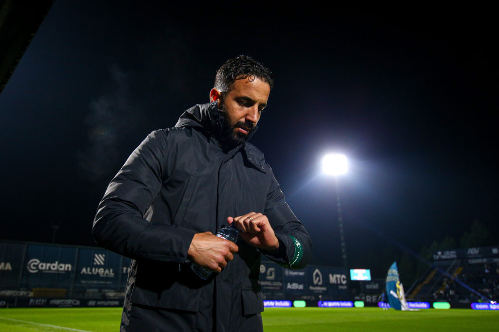 Head Coach Ruben Amorim of Sporting Clube de Portugal gestures during the Liga Portugal Betclic match between FC Famalicao and Sporting Clube de Portugal at Estadio Municipal de Famalicao on October 26, 2024