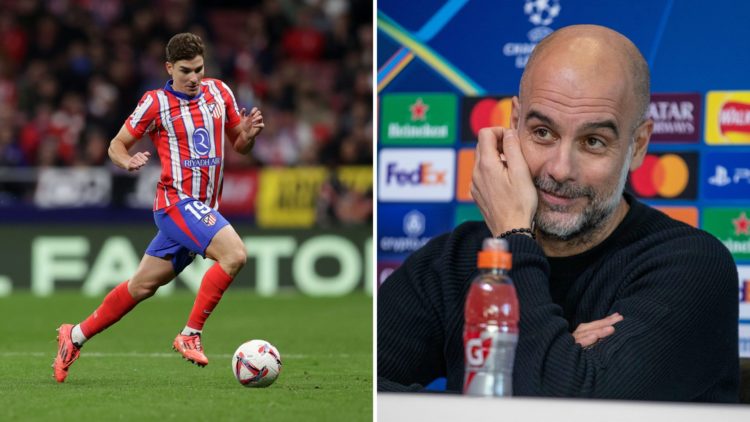 Julian Alvarez in action for Atletico Madrid next to Pep Guardiola.