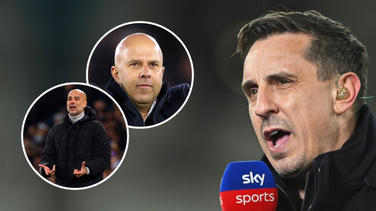 Gary Neville with two insets of Arne Slot and Pep Guardiola