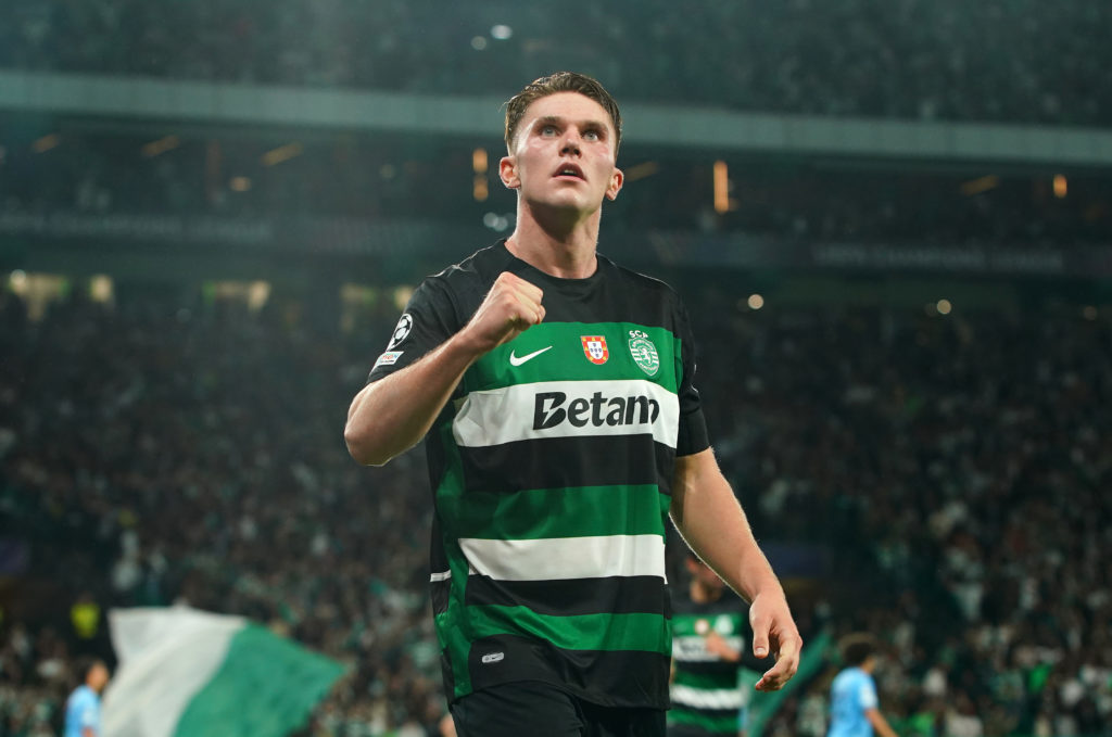 Viktor Gyokeres pumping his first during Sporting CP vs Manchester City