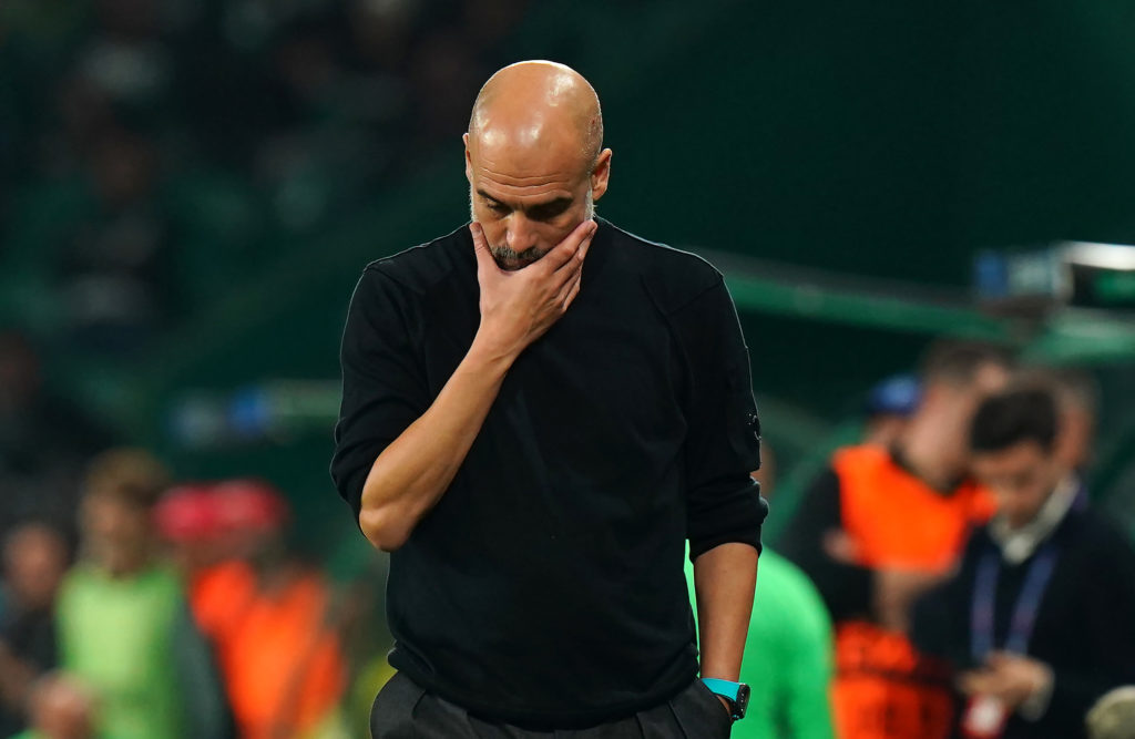 Pep Guardiola, Manager of Manchester City, appears dejected during the UEFA Champions League 2024/25 League Phase MD4 match between Sporting Clube de Portugal and Manchester City at Estadio Jose Alvalade on November 05, 2024 in Lisbon, Portugal.