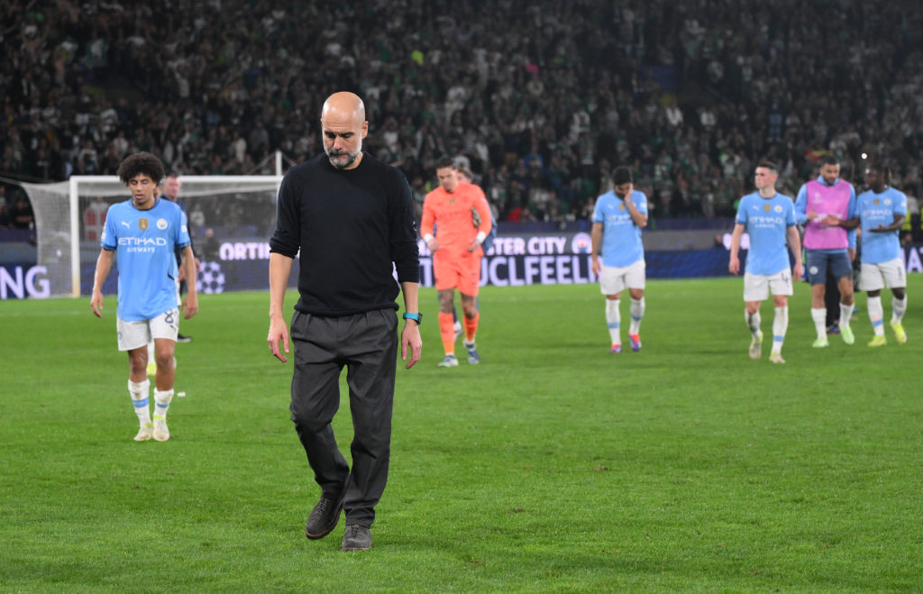 Pep Guardiola, Manager of Manchester City, appears dejected at the end of the UEFA Champions League 2024/25 League Phase MD4 match between Sporting Clube de Portugal and Manchester City at Estadio Jose Alvalade on November 05, 2024
