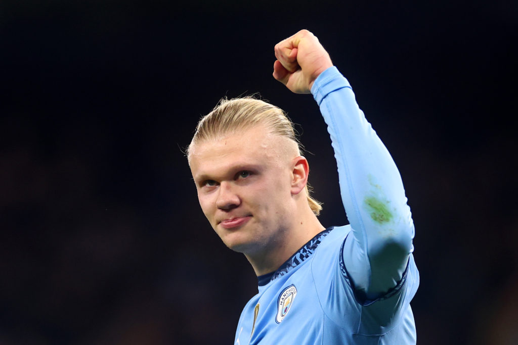 Erling Haaland celebrates during Manchester City v Feyenoord.