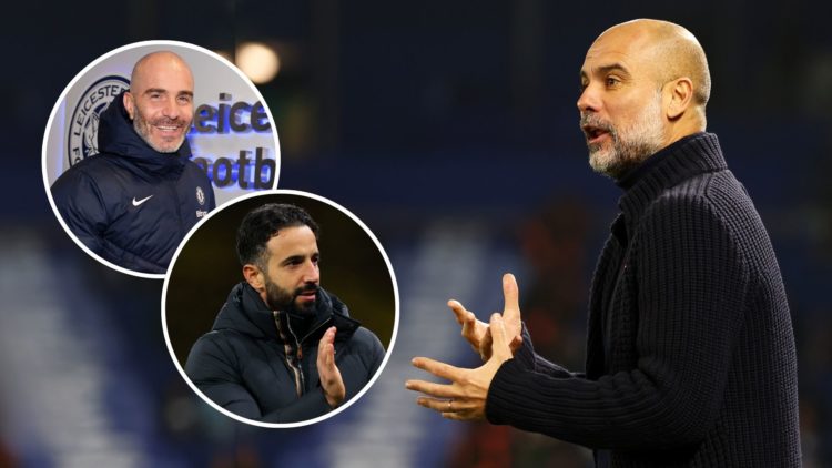 Pep Guardiola with two insets of Ruben Amorim and Enzo Maresca