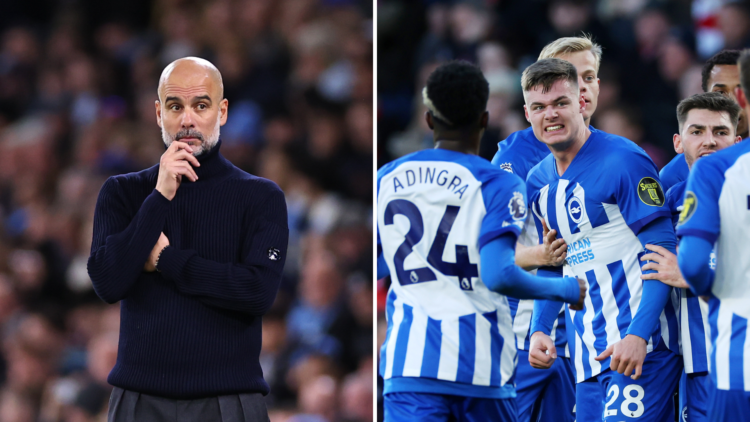 Split of Guardiola (L) and Evan Ferguson with a few of his Brighton teammates (R)