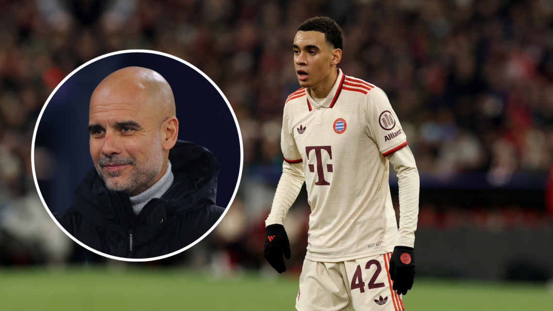 Jamal Musiala with an inset of Pep Guardiola