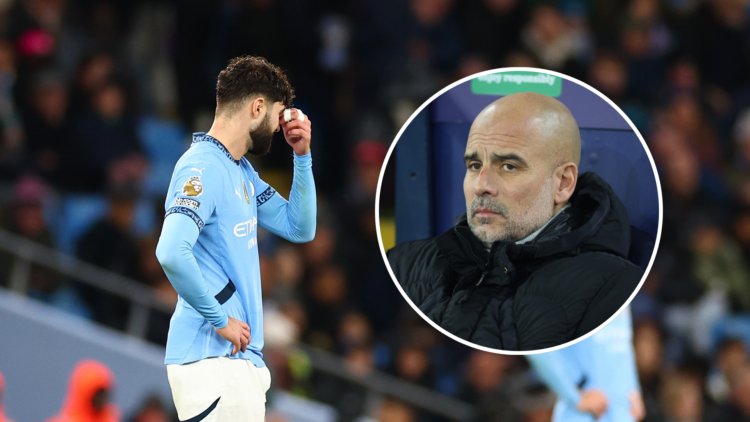 Josko Gvardiol looking frustrated with an inset of Pep