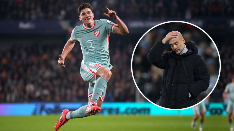 Julian Alvarez celebrating for Atletico Madrid, with an inset of Pep Guardiola looking downbeat