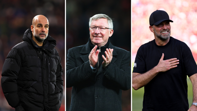 Split of Jurgen Klopp (R), Pep Guardiola (L) and Alex Ferguson (M)