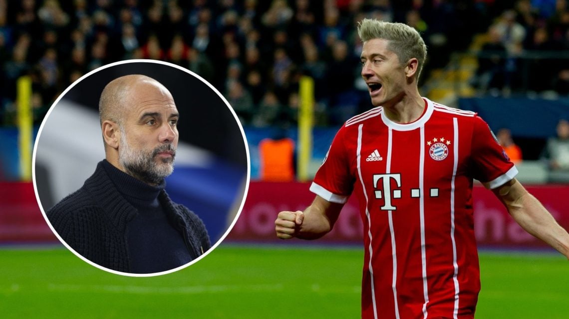 Robert Lewandowski of FC Bayern Munchen celebrates. Inset, Pep Guardiola.