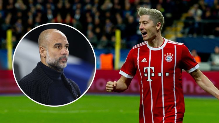 Robert Lewandowski of FC Bayern Munchen celebrates. Inset, Pep Guardiola.