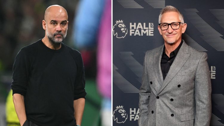 Split image of Pep Guardiola and Gary Neville.