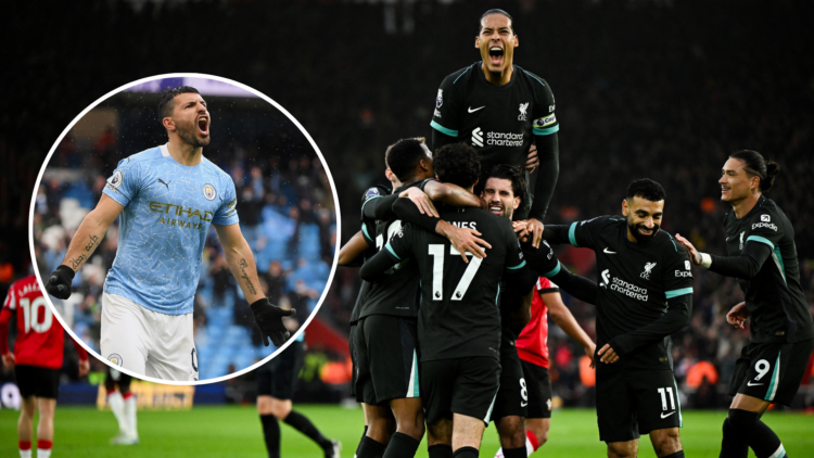 Liverpool players celebrating with an insert of Sergio Aguero