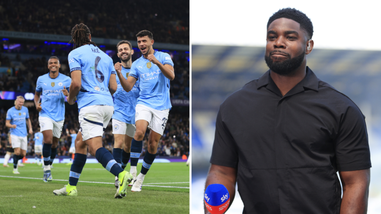 Micah Richards holding a sky sports microphone wearing a black shirt (R) and Bernardo Silva celebrating with a number of other Manchester City play...