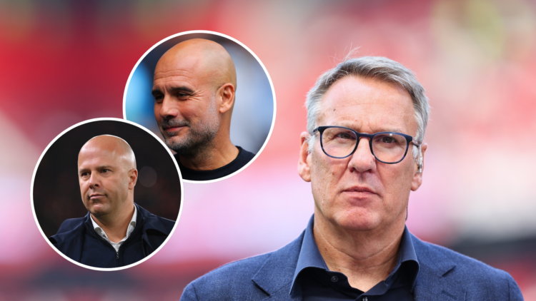 Paul Merson with two insets of Pep Guardiola and Arne Slot