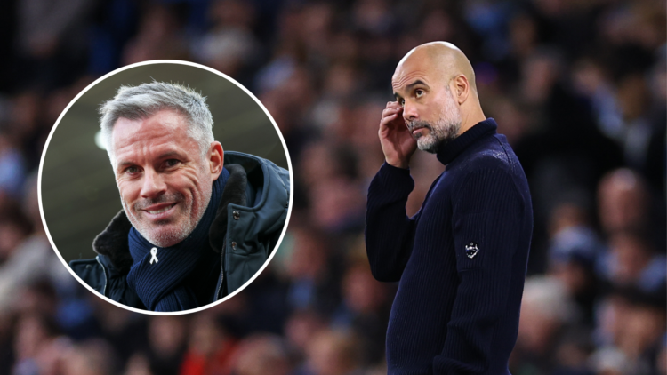 Pep Guardiola with an inset of Jamie Carragher