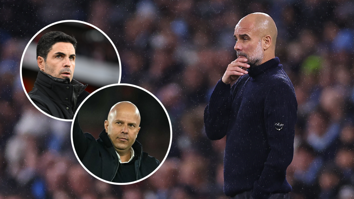 Pep Guardiola with two insets of Arne Slot and Mikel Arteta