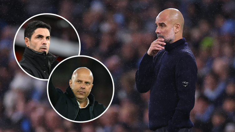 Pep Guardiola with two insets of Arne Slot and Mikel Arteta