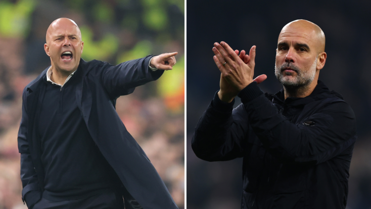 Split image of Pep Guardiola (R) and Arne Slot (L)