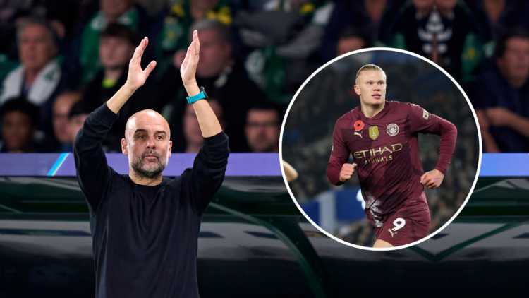 Pep Guardiola with Haaland in a Manchester City kit insert