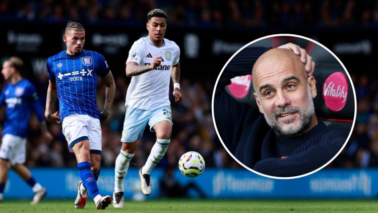Kalvin Phillips passes the ball during the English Premier League football match between Ipswich Town and Aston Villa. Inset, Pep Guardiola.