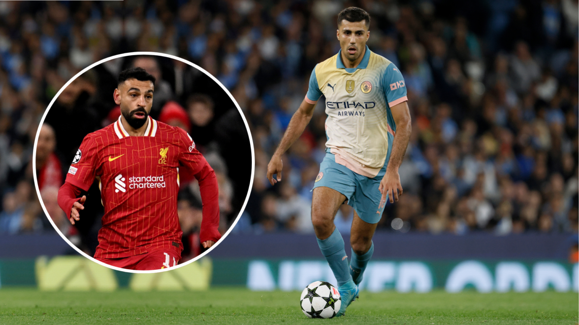 Rodri playing for City with an inset of Mo Salah