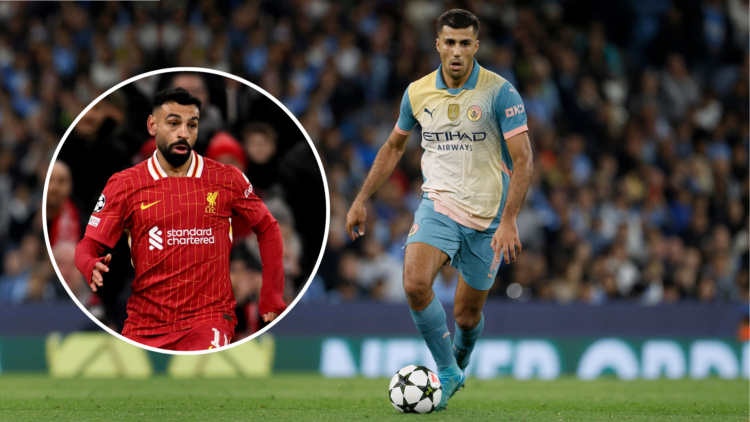 Rodri playing for City with an inset of Mo Salah