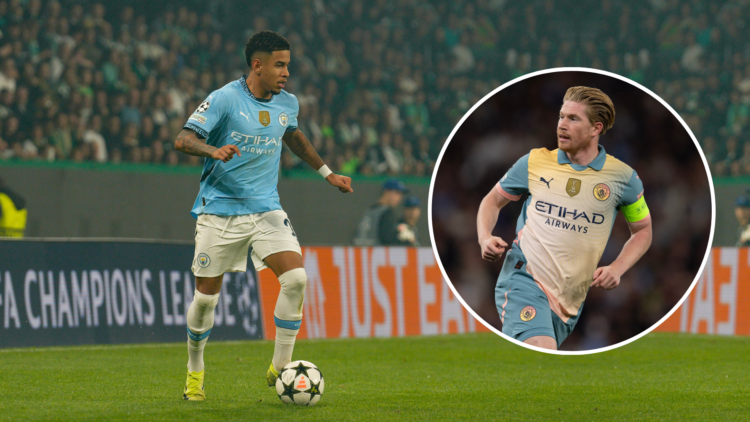 Savinho playing for Man City with an inset of Kevin De Bruyne