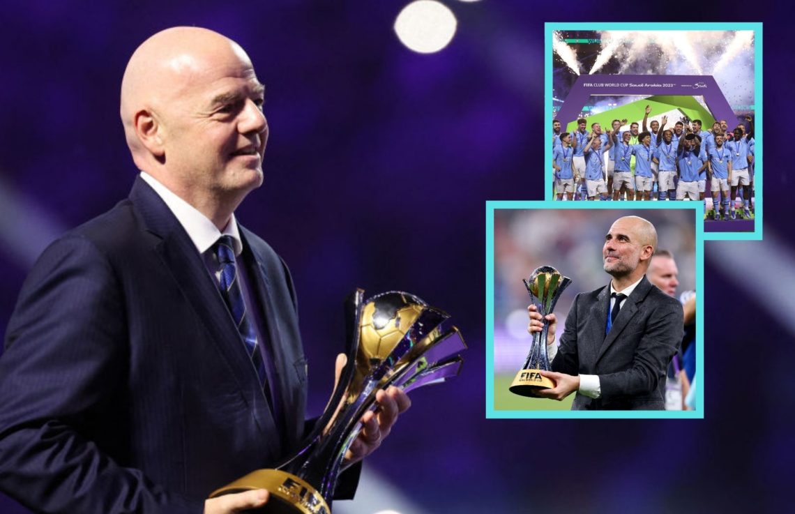 Collage of Gianni Infantino, Pep Guardiola and Manchester City players.