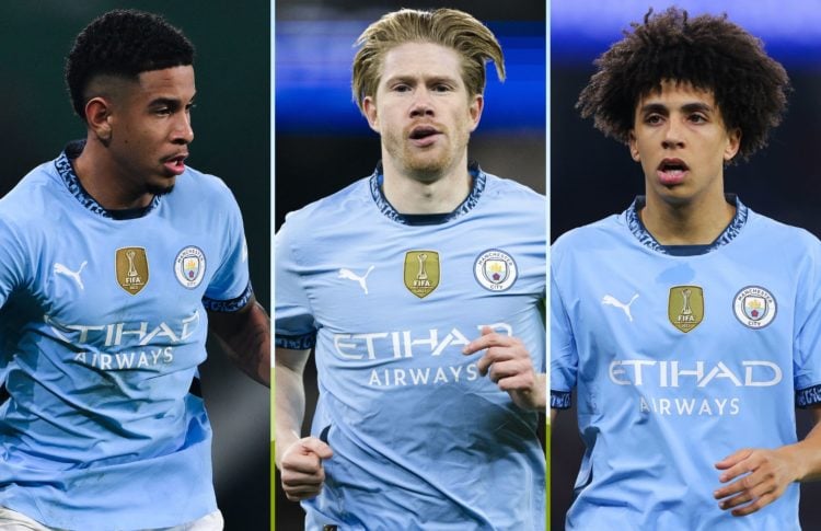 Collage of Savinho, De Bruyne, Lewis.