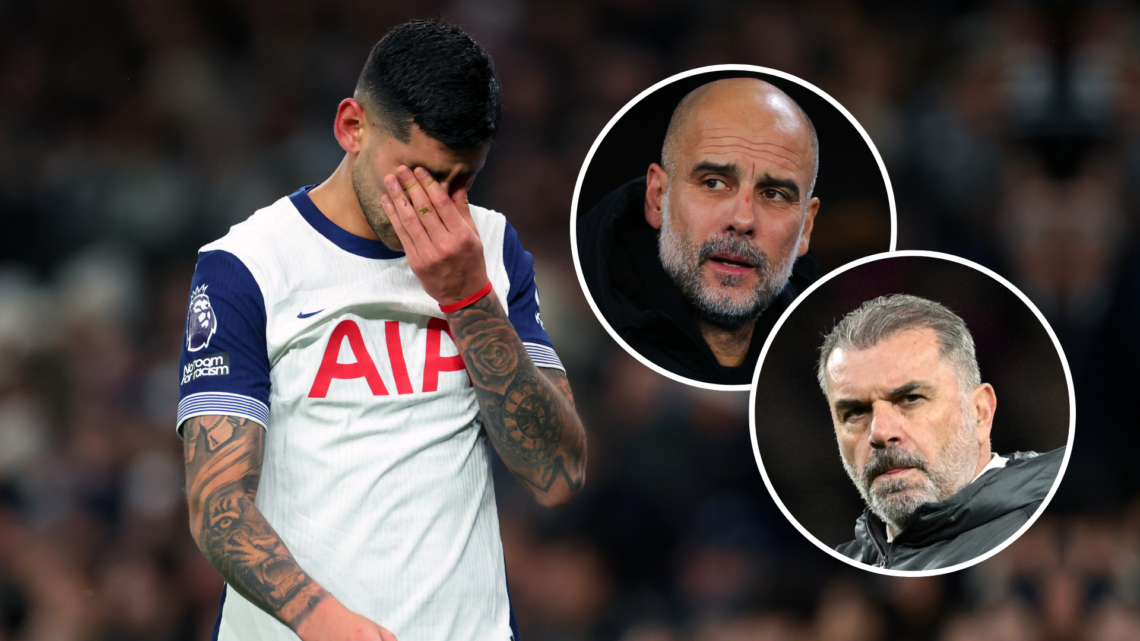 Cristian Romero with Ange Postecoglou and Pep Guardiola