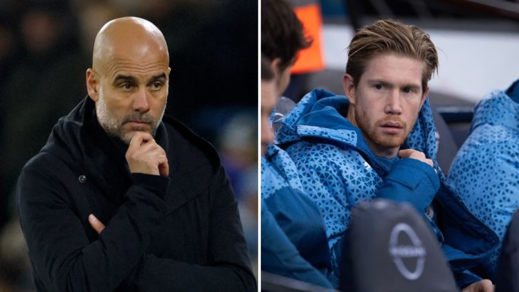 Split image of Pep Guardiola and Kevin De Bruyne.