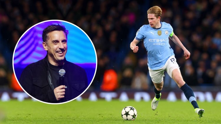 Kevin De Bruyne playing for Man City with an inset of Gary Neville
