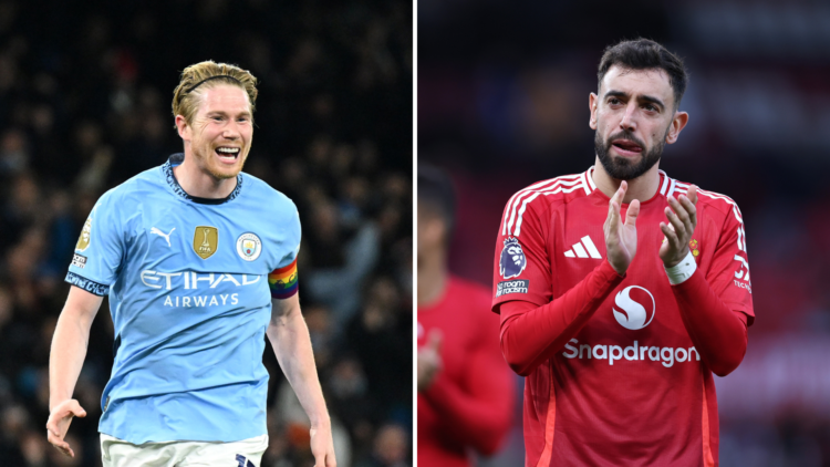 Split of De Bruyne smiling (R) and Bruno Fernandes (R)
