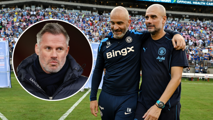 Enzo Maresca and Pep Guardiola together, with an inset of Jamie Carragher