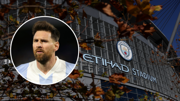 Etihad Stadium with an inset of Lionel Messi