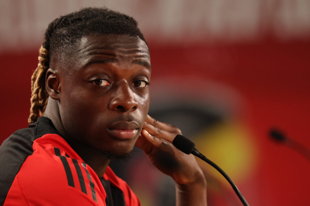 Belgium's forward #22 Jeremy Doku attends a press conference at the team base camp in Ludwigsburg on June 24, 2024