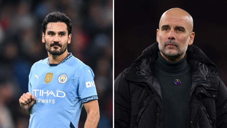 Split of Ilkay Gundogan (L) and Pep Guardiola (R)