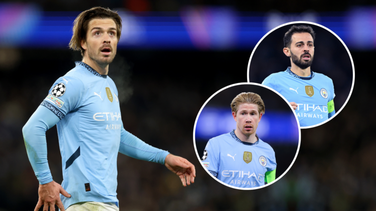 Jack Grealish looking stunned with an inset that features both Kevin De Bruyne and Bernardo Silva