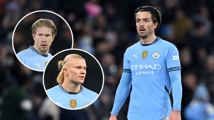 Jack Grealish with insets of Erling Haaland and Kevin De Bruyne