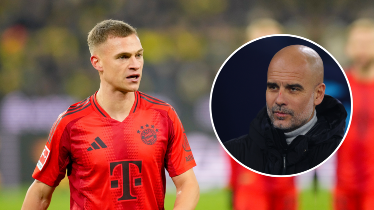 Joshua Kimmich playing for Bayern Munich with an inset of Pep Guardiola