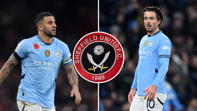 Split of Kyle Walker (L) and Jack Grealish (R) with a inset of Sheffield United badge