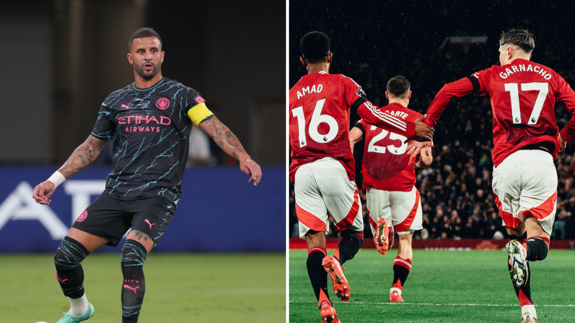 Split Kyle Walker playing for Manchester City (L) and Alejandro Garnacho and some team mates (R)
