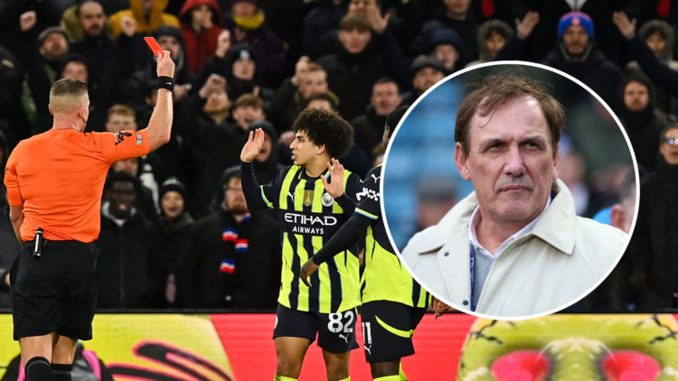 Rico Lewis getting a red card against Crystal Palace with an inset of Tony Cascarino