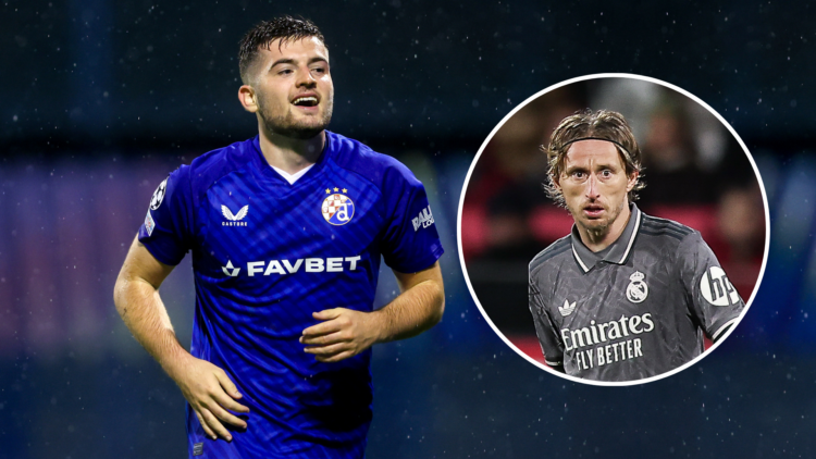 Martin Baturina playing for Dinamo Zagreb with an inset of Luka Modric