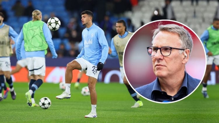 Matheus Nunes warming up ahead of the UEFA Champions League 2024/25 League Phase MD5 match. Inset, Paul Merson.
