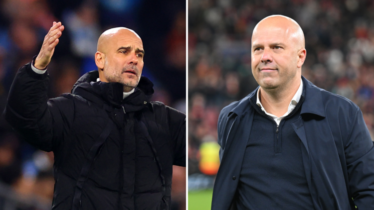 Split image of Pep Guardiola looking upset (L) and Arne Slot smiling (R)