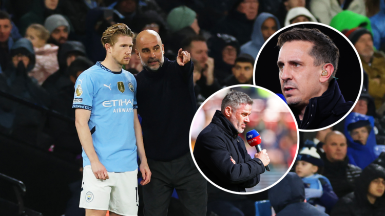 Pep Guardiola and Kevin De Bruyne with two insets of Jamie Carragher and Gary Neville