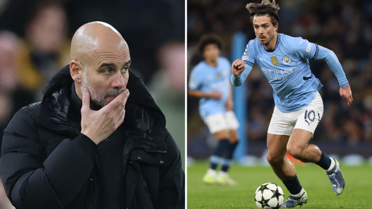 Split of Pep Guardiola in deep thought (L) and Jack Grealish (R)