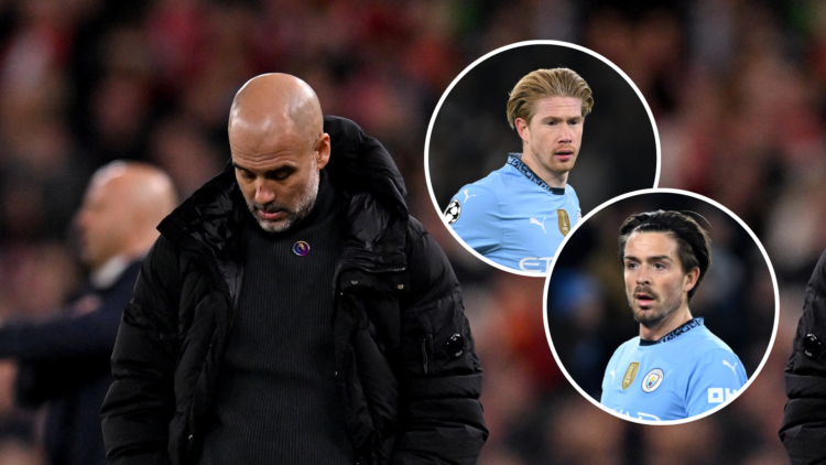 Pep Guardiola looking dejected with 2 inset of Grealish and De Bruyne